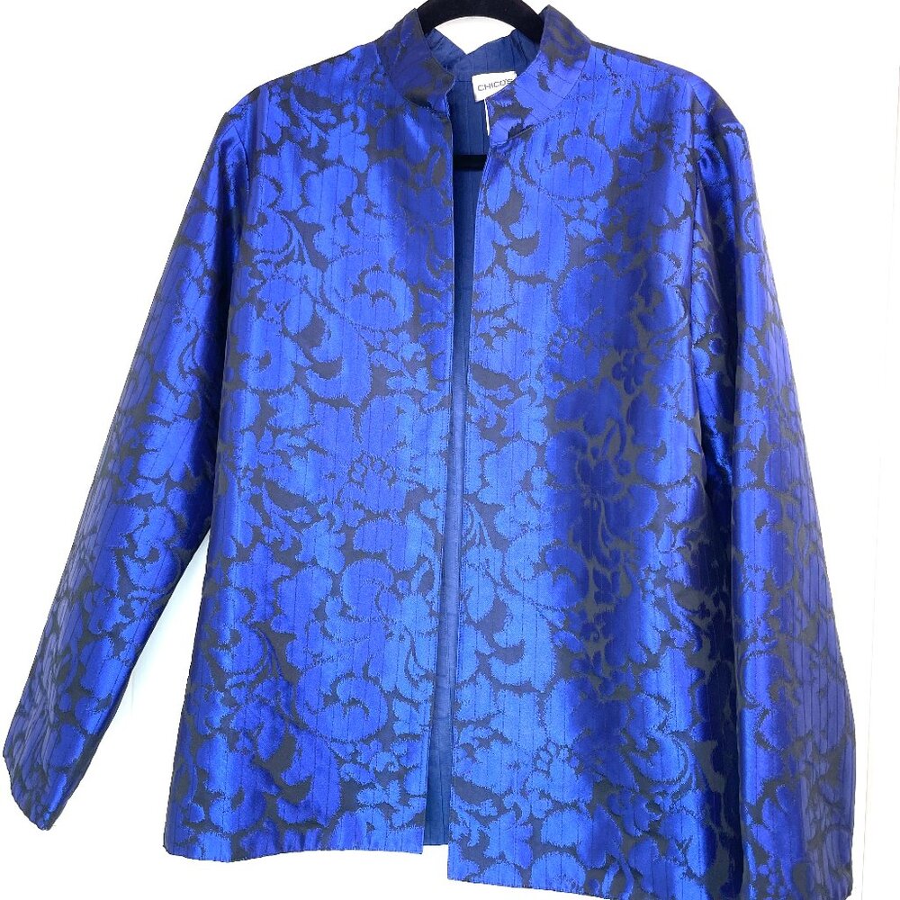 Chico’s Brocade Mandarin Collar Jacket Blue Black Floral Silk Blend Size 2 (M/L)